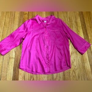 Chicos Womens Ramie Blend Sheer Lightweight Pink Button Up Shirt Cropped Sleeve